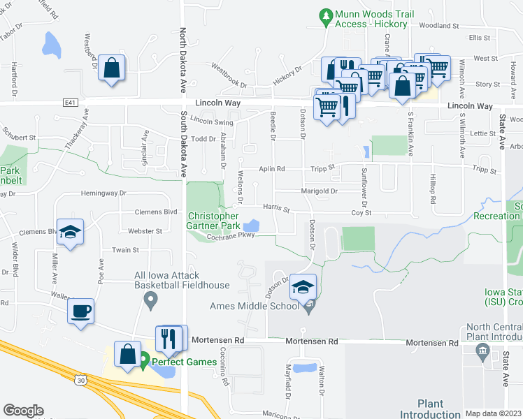 map of restaurants, bars, coffee shops, grocery stores, and more near 4112 Harris Street in Ames