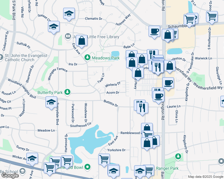 map of restaurants, bars, coffee shops, grocery stores, and more near 240 Acorn Drive in Streamwood