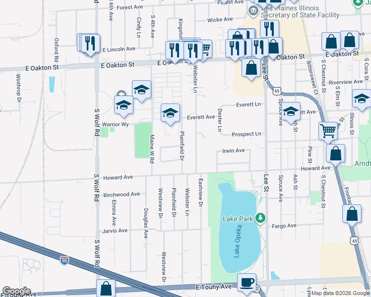map of restaurants, bars, coffee shops, grocery stores, and more near 1915 Plainfield Drive in Des Plaines