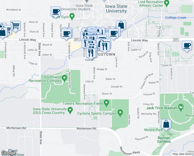 map of restaurants, bars, coffee shops, grocery stores, and more near 432 Welch Avenue in Ames