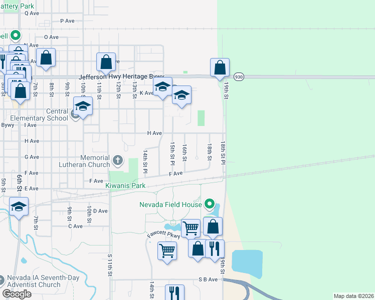 map of restaurants, bars, coffee shops, grocery stores, and more near 715 16th Street in Nevada