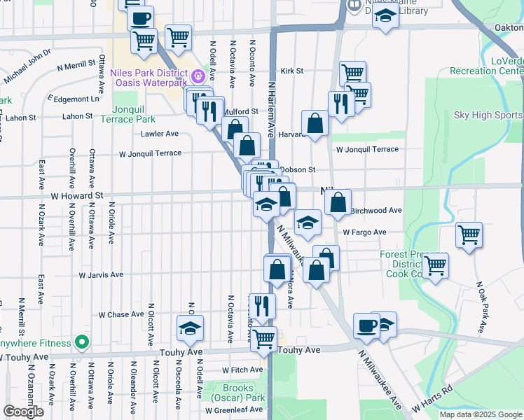 map of restaurants, bars, coffee shops, grocery stores, and more near 7532 Illinois 21 in Chicago