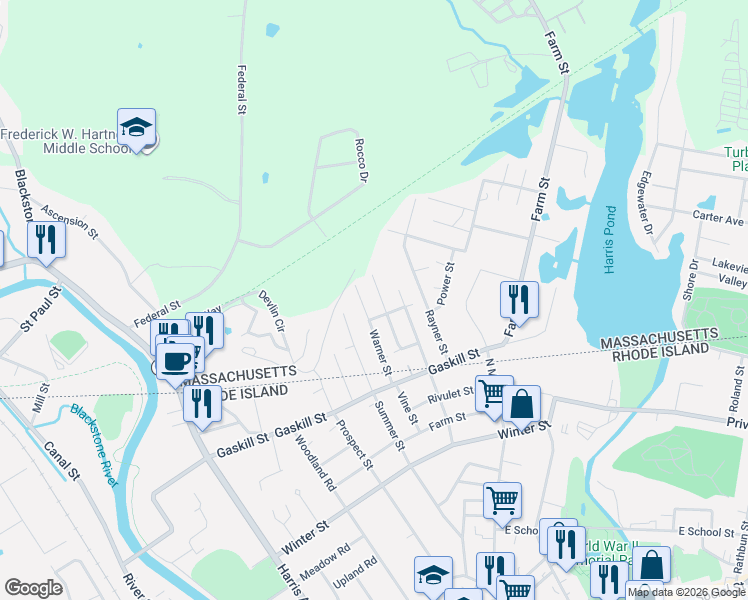 map of restaurants, bars, coffee shops, grocery stores, and more near 22 Clyde Street in Blackstone