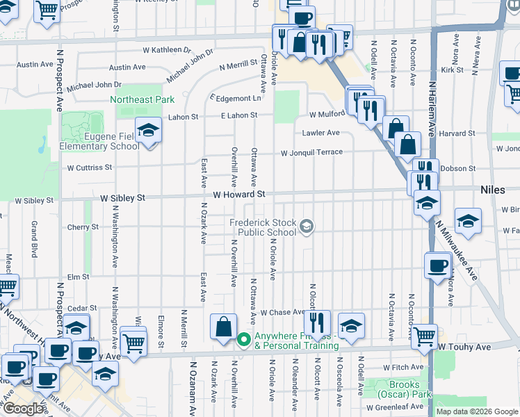 map of restaurants, bars, coffee shops, grocery stores, and more near 7535 North Ottawa Avenue in Chicago