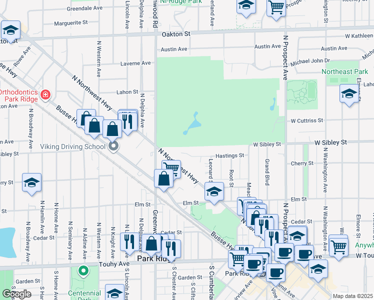 map of restaurants, bars, coffee shops, grocery stores, and more near 1010 Hastings Street in Park Ridge