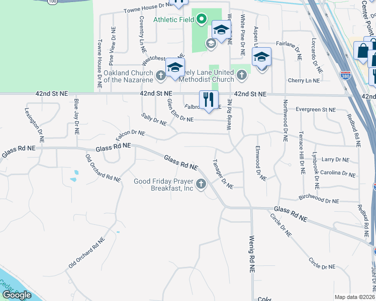 map of restaurants, bars, coffee shops, grocery stores, and more near 2721 Brookland Drive Northeast in Cedar Rapids