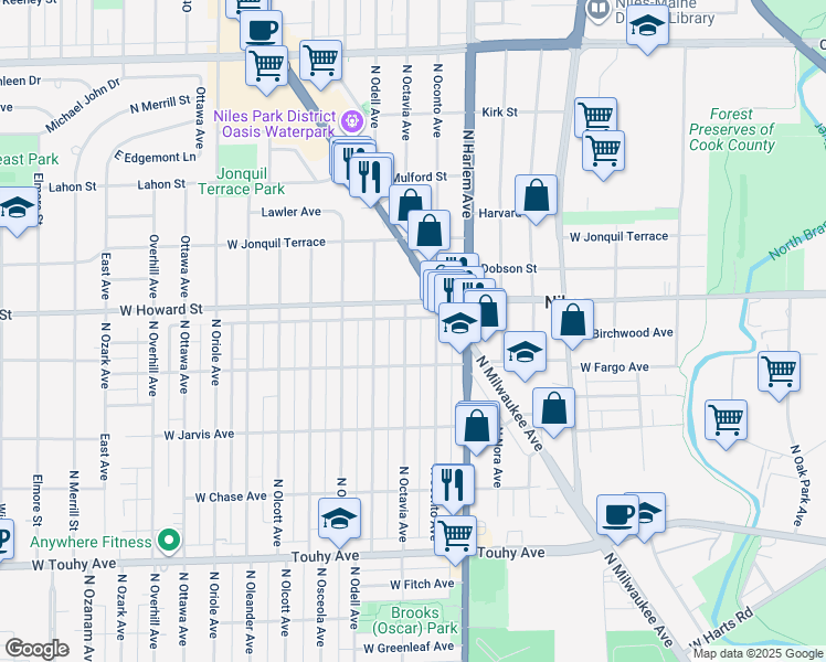 map of restaurants, bars, coffee shops, grocery stores, and more near 7531 North Octavia Avenue in Chicago