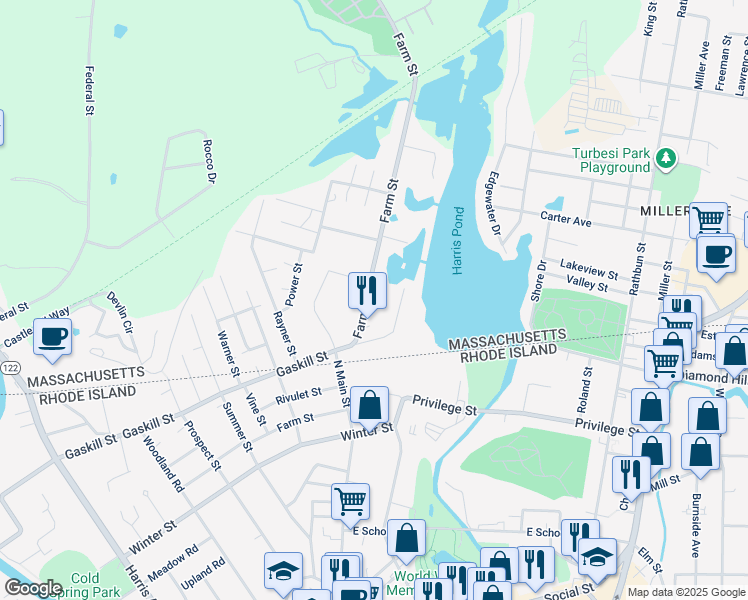 map of restaurants, bars, coffee shops, grocery stores, and more near 9 Farm Street in Blackstone