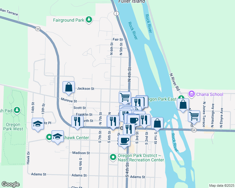 map of restaurants, bars, coffee shops, grocery stores, and more near 306 North 5th Street in Oregon