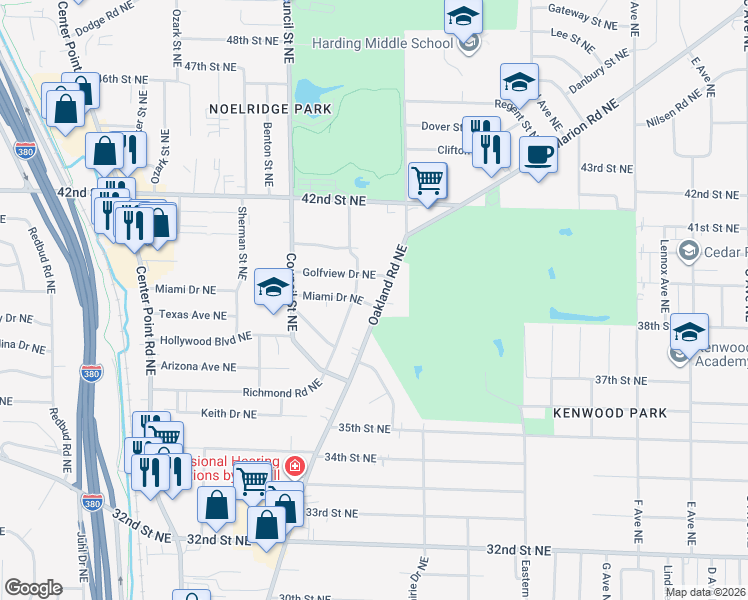 map of restaurants, bars, coffee shops, grocery stores, and more near 1400 Miami Drive Northeast in Cedar Rapids