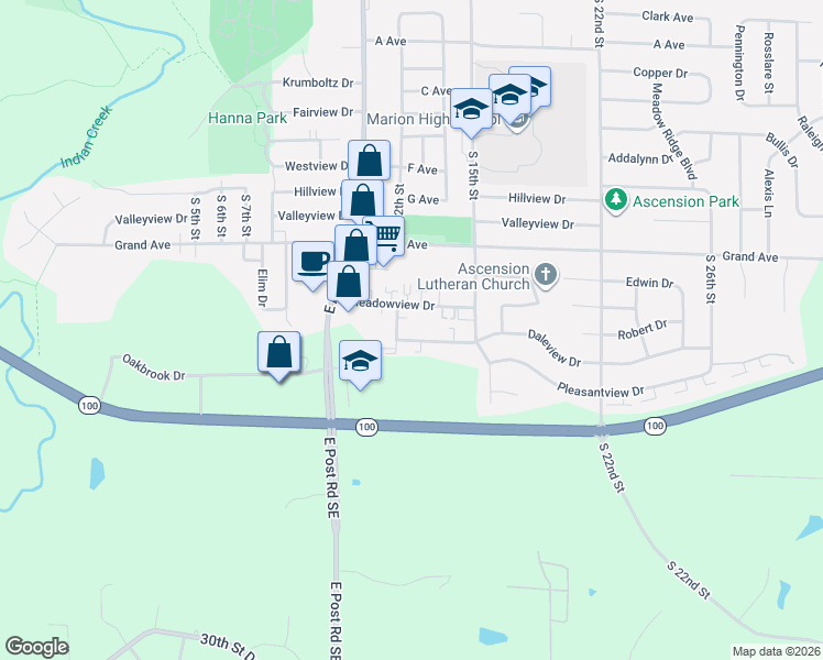 map of restaurants, bars, coffee shops, grocery stores, and more near 1280 Daleview Drive in Marion