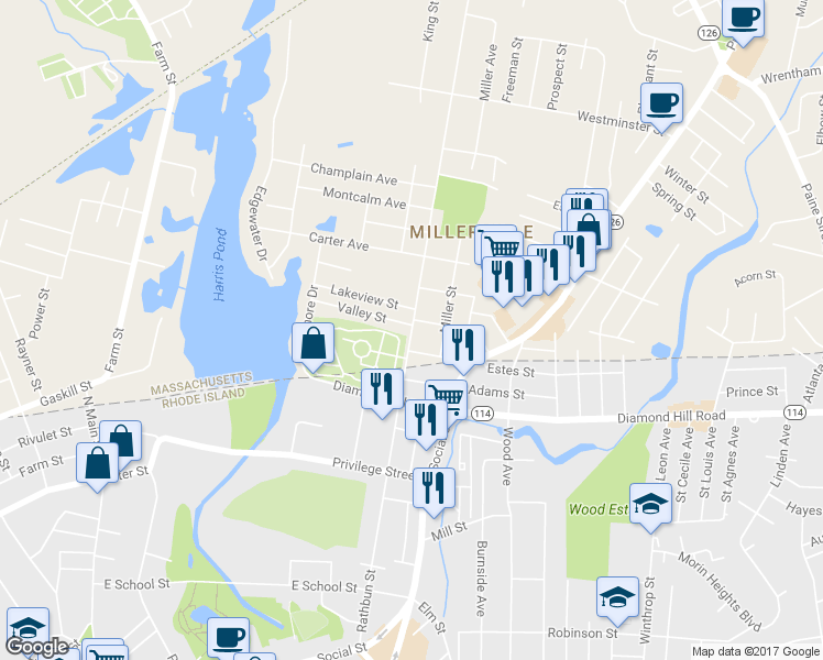 map of restaurants, bars, coffee shops, grocery stores, and more near 612 Rathbun Street in Blackstone