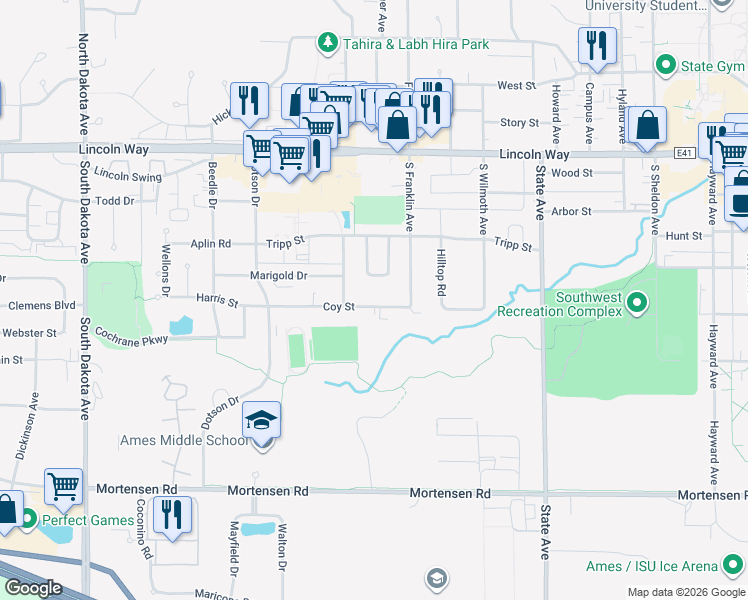 map of restaurants, bars, coffee shops, grocery stores, and more near 3421 Coy Street in Ames