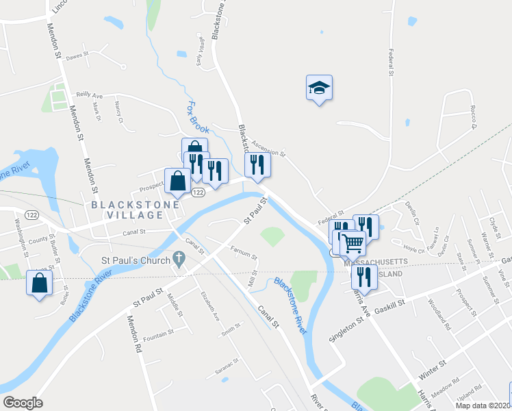 map of restaurants, bars, coffee shops, grocery stores, and more near 2 Saint Paul Street in Blackstone