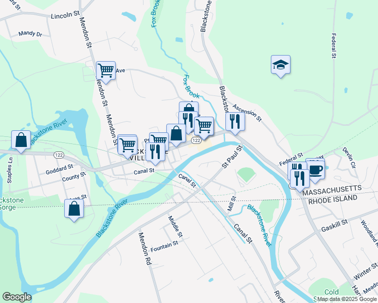 map of restaurants, bars, coffee shops, grocery stores, and more near 4 1st Avenue in Blackstone