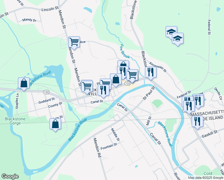 map of restaurants, bars, coffee shops, grocery stores, and more near 149 Massachusetts 122 in Blackstone