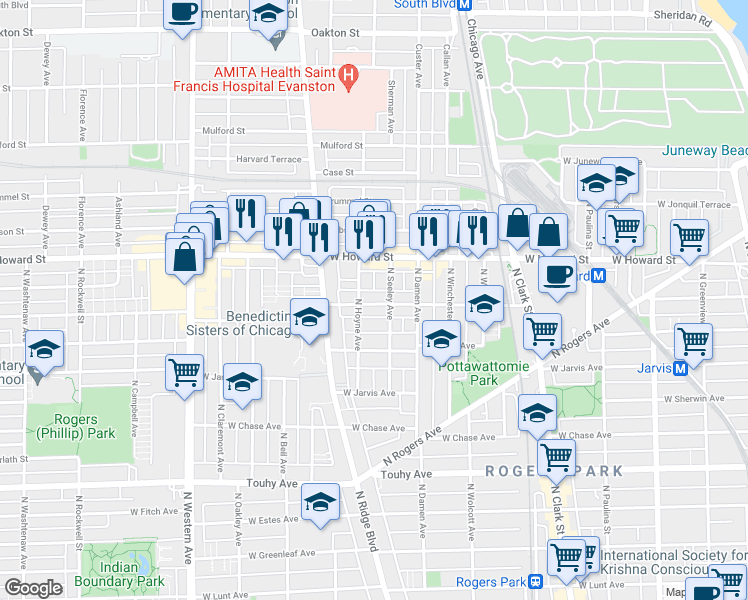 map of restaurants, bars, coffee shops, grocery stores, and more near 2050 West Birchwood Avenue in Chicago