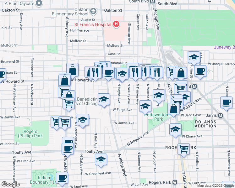 map of restaurants, bars, coffee shops, grocery stores, and more near 2050 West Birchwood Avenue in Chicago