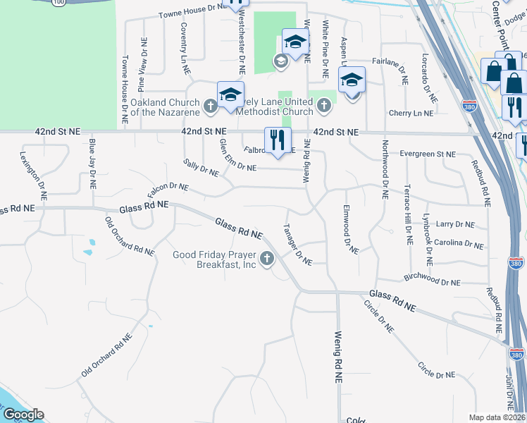 map of restaurants, bars, coffee shops, grocery stores, and more near 2603 Brookland Drive Northeast in Cedar Rapids