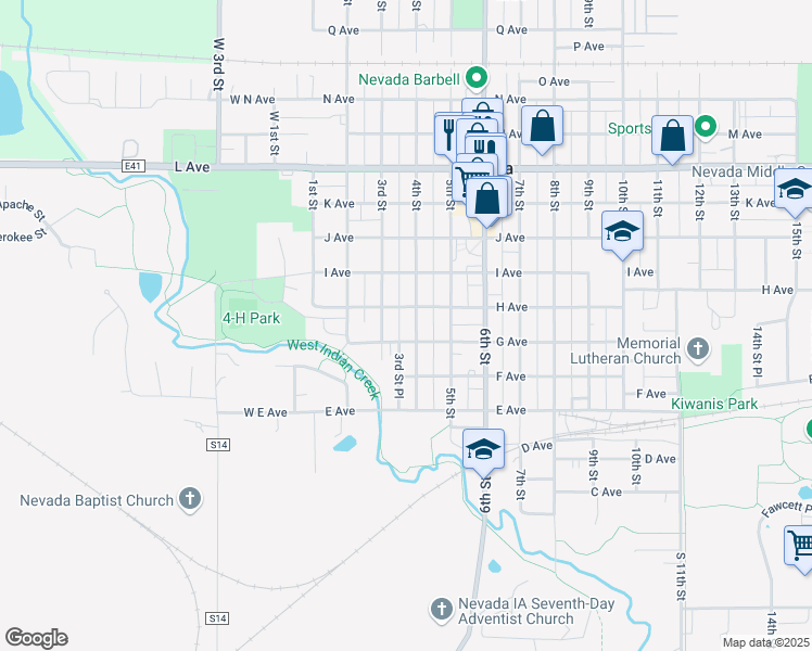 map of restaurants, bars, coffee shops, grocery stores, and more near 323 G Avenue in Nevada