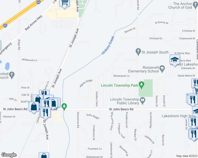 map of restaurants, bars, coffee shops, grocery stores, and more near 5485 Alpine Ridge in Stevensville