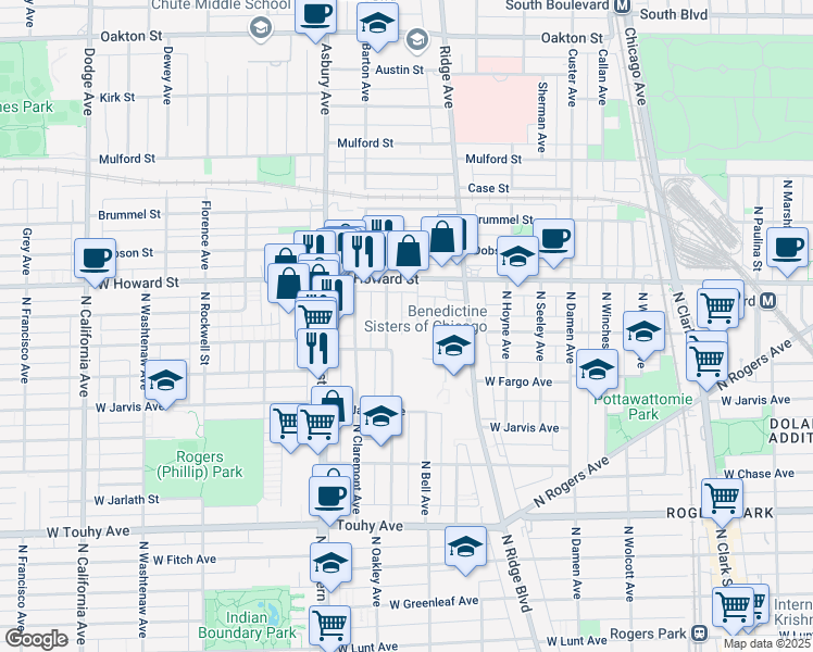 map of restaurants, bars, coffee shops, grocery stores, and more near 7514 North Bell Avenue in Chicago
