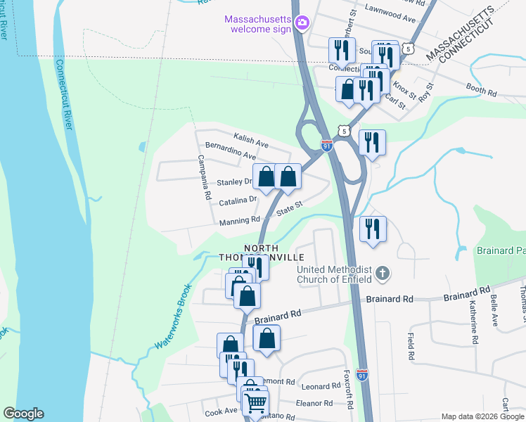 map of restaurants, bars, coffee shops, grocery stores, and more near 290 Enfield Street in Enfield