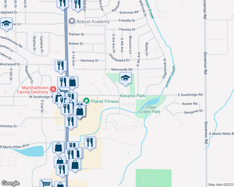 map of restaurants, bars, coffee shops, grocery stores, and more near 220 East Southridge Road in Marshalltown