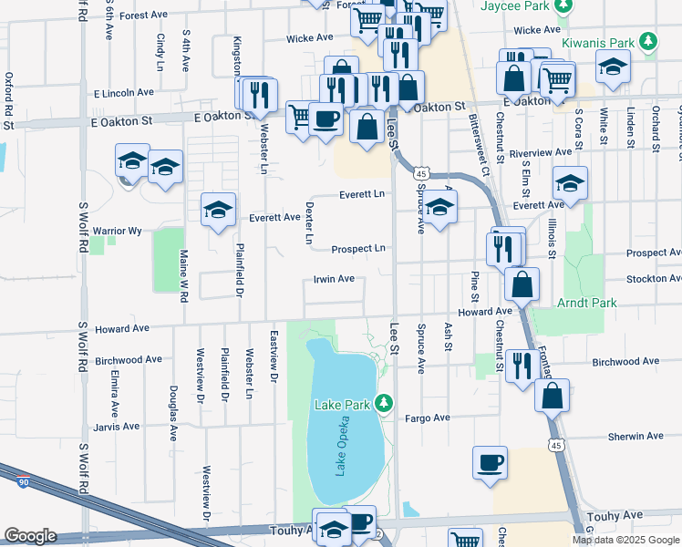 map of restaurants, bars, coffee shops, grocery stores, and more near 1074 Irwin Avenue in Des Plaines
