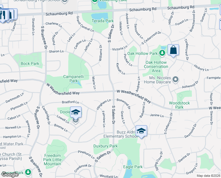 map of restaurants, bars, coffee shops, grocery stores, and more near 732 West Weathersfield Way in Schaumburg