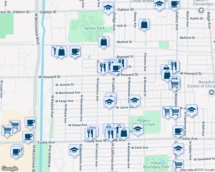 map of restaurants, bars, coffee shops, grocery stores, and more near 2821 W Jerome St in Chicago