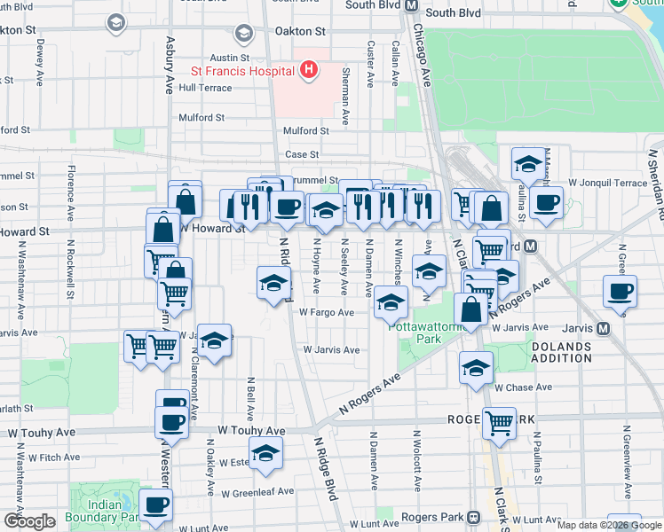 map of restaurants, bars, coffee shops, grocery stores, and more near 2050 West Birchwood Avenue in Chicago