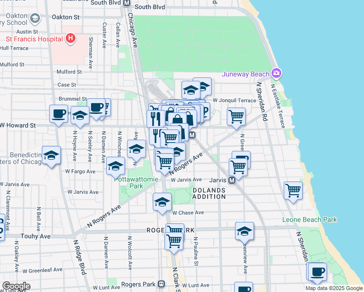 map of restaurants, bars, coffee shops, grocery stores, and more near 7505 North Clark Street in Chicago