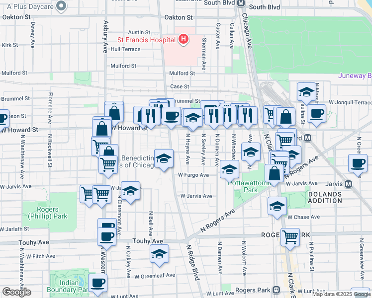 map of restaurants, bars, coffee shops, grocery stores, and more near 2050 West Birchwood Avenue in Chicago