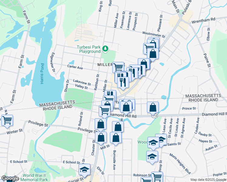 map of restaurants, bars, coffee shops, grocery stores, and more near 30 Richmond Street in Blackstone