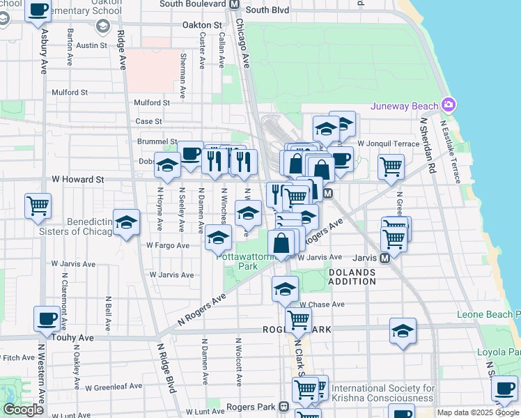 map of restaurants, bars, coffee shops, grocery stores, and more near 1832 West Birchwood Avenue in Chicago