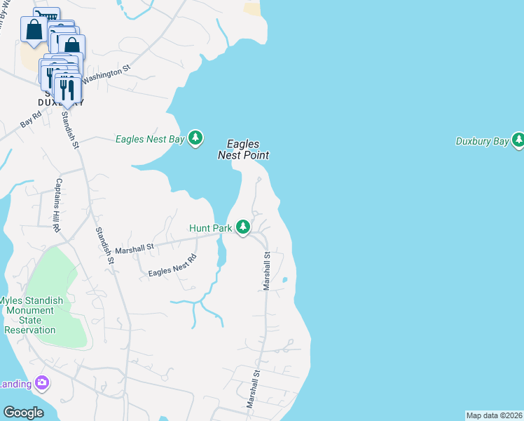 map of restaurants, bars, coffee shops, grocery stores, and more near 156 Marshall Street in Duxbury