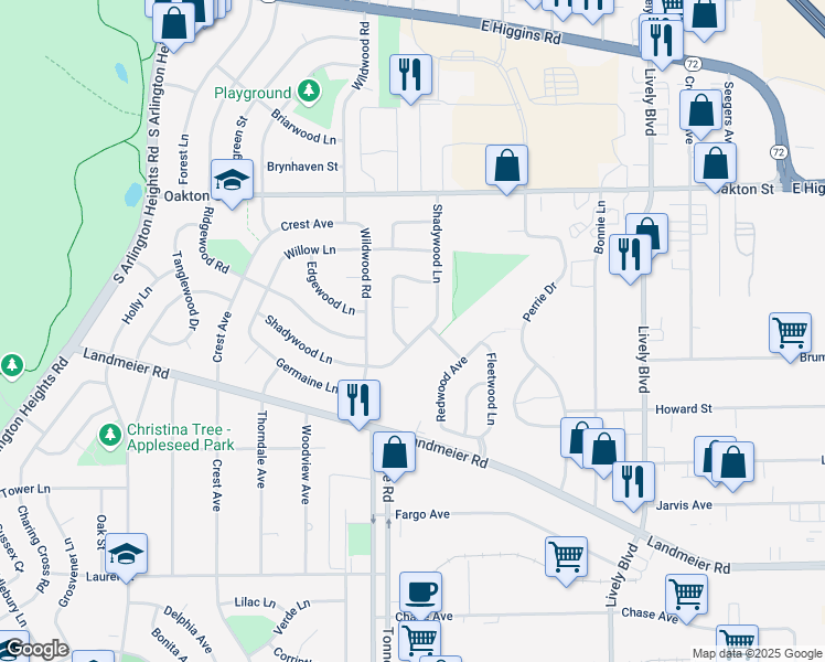 map of restaurants, bars, coffee shops, grocery stores, and more near 206 Shadywood Lane in Elk Grove Village