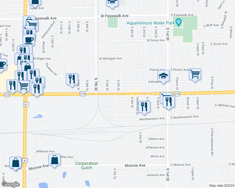 map of restaurants, bars, coffee shops, grocery stores, and more near 511 Omaha Ave in Norfolk