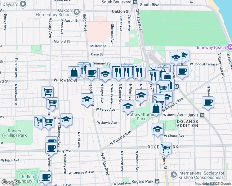 map of restaurants, bars, coffee shops, grocery stores, and more near 2012 West Birchwood Avenue in Chicago