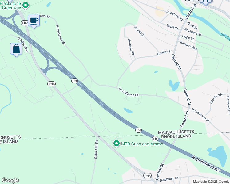 map of restaurants, bars, coffee shops, grocery stores, and more near 24 Providence Street in Uxbridge