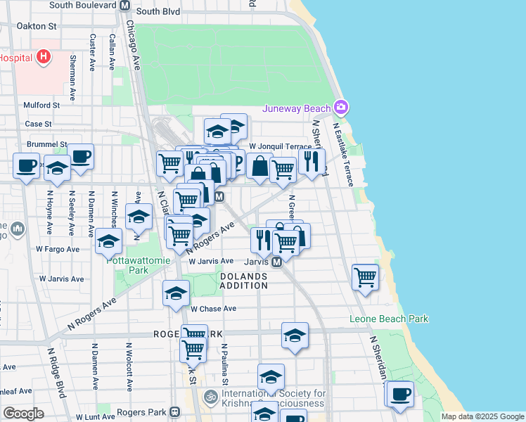 map of restaurants, bars, coffee shops, grocery stores, and more near 1567 West Birchwood Avenue in Chicago