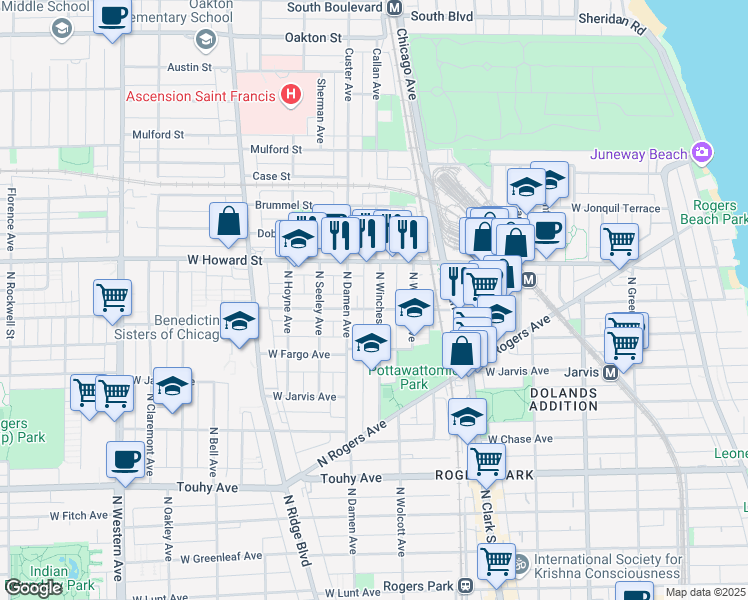 map of restaurants, bars, coffee shops, grocery stores, and more near 1948 West Birchwood Avenue in Chicago
