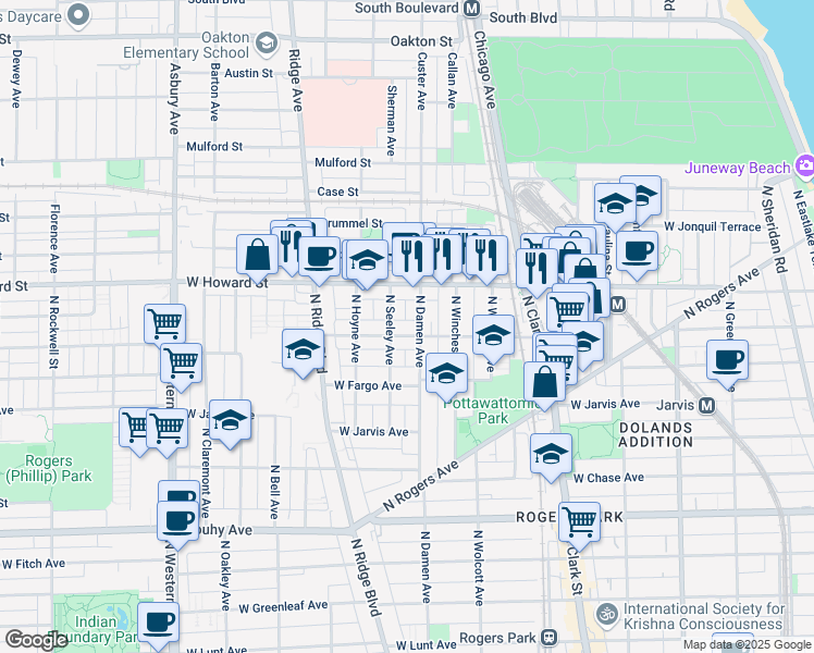 map of restaurants, bars, coffee shops, grocery stores, and more near 2012 West Birchwood Avenue in Chicago