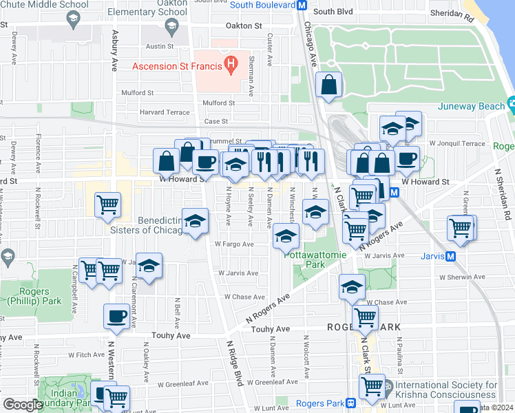 map of restaurants, bars, coffee shops, grocery stores, and more near 2012 West Birchwood Avenue in Chicago