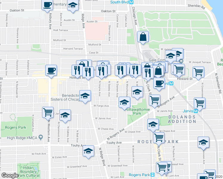 map of restaurants, bars, coffee shops, grocery stores, and more near 2012 West Birchwood Avenue in Chicago