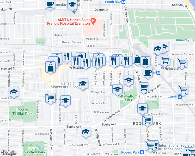 map of restaurants, bars, coffee shops, grocery stores, and more near 2050 West Birchwood Avenue in Chicago
