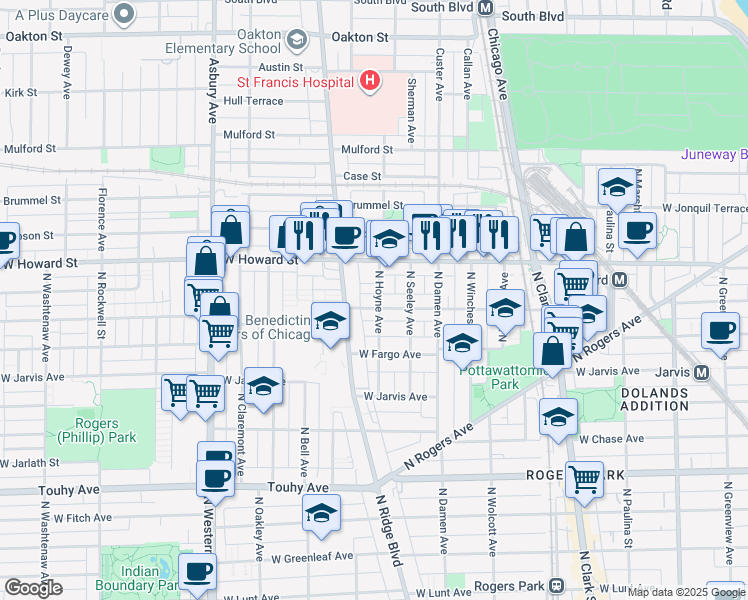 map of restaurants, bars, coffee shops, grocery stores, and more near 2050 West Birchwood Avenue in Chicago