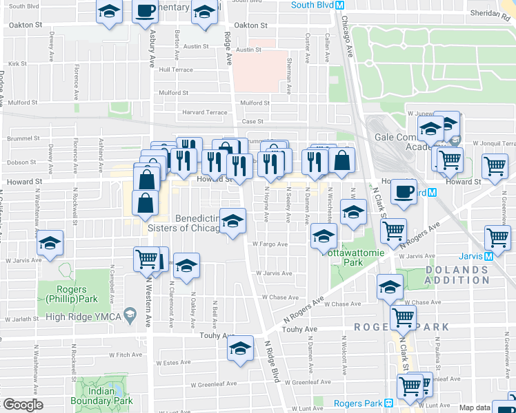 map of restaurants, bars, coffee shops, grocery stores, and more near 7501 North Ridge Boulevard in Chicago