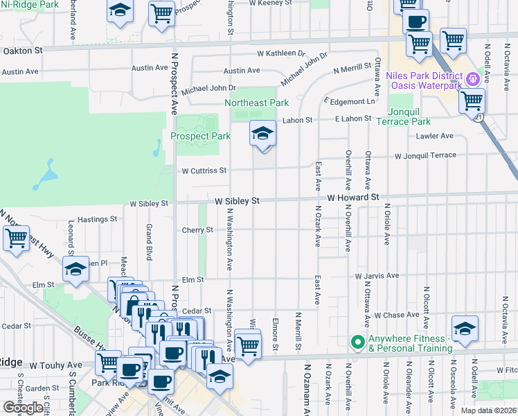 map of restaurants, bars, coffee shops, grocery stores, and more near 518 Wisner Street in Park Ridge